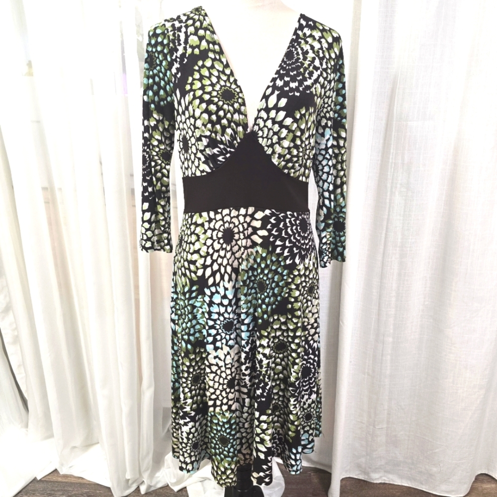 2/$30 Vintage En Focus Green & Black Babydoll Floral Midi Dress‎ Womens Size 12P